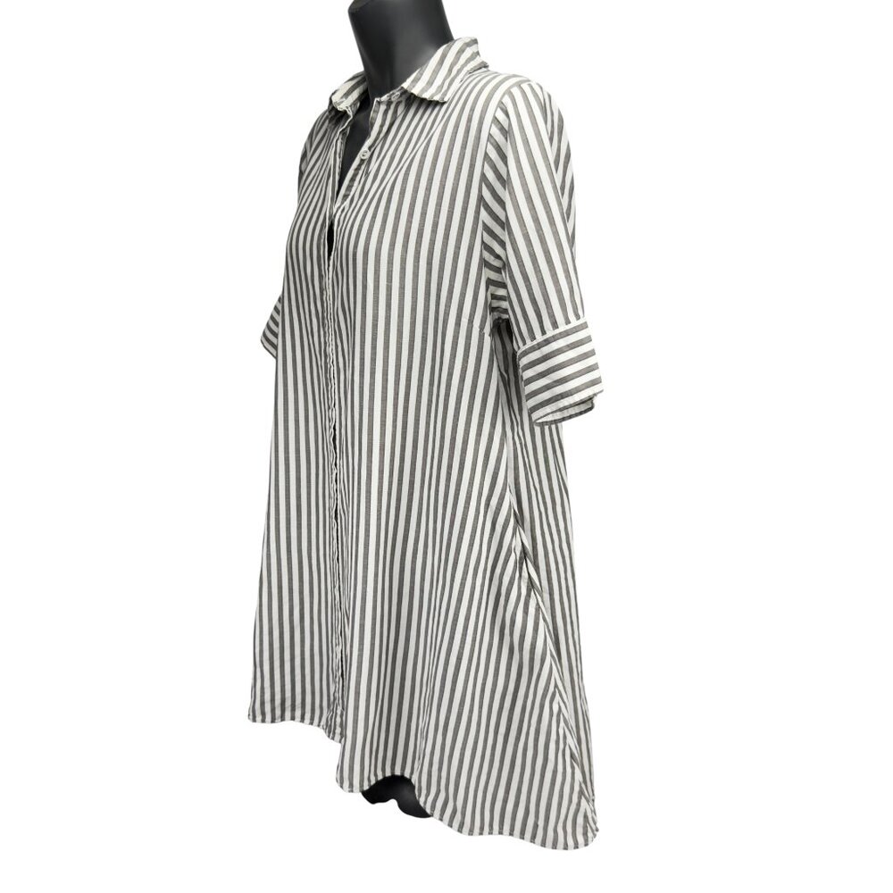 UCHUU Striped Linen-Blend Relaxed Fit Gray White Shirt Dress Tunic US 14 Int‎ XL